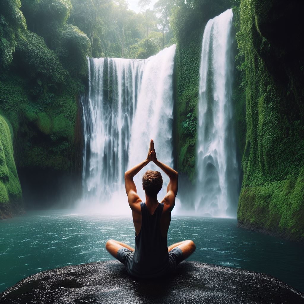 un homme en tailleur sur un rocher devant une cascade dans une forêt luxuriante